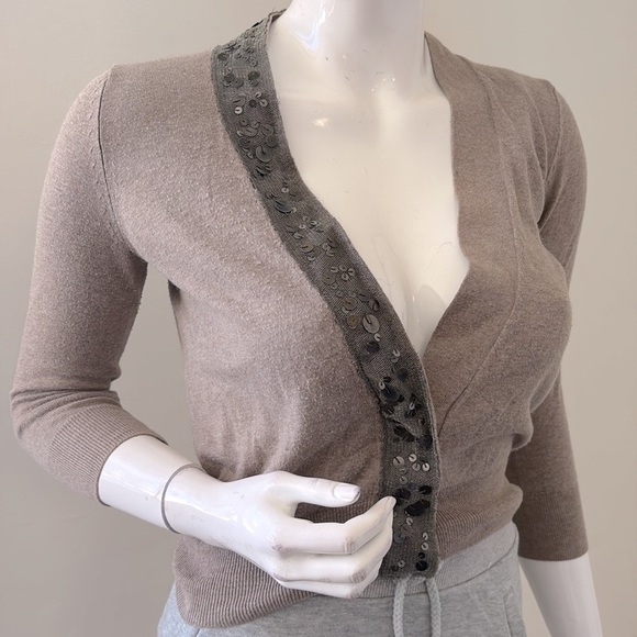 Vintage Y2K GAP Brown 3/4 Sleeve Cotton Knit Sweater w Gunmetal Sequin Trim - Picture 2 of 6